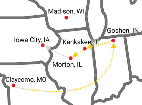 Map of Ford Transit shuttle bus on its production journey