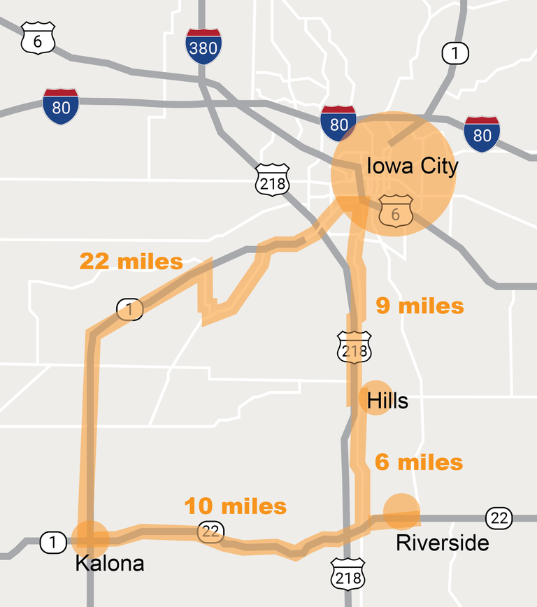 Rural route map: Iowa City, Hills, Riverside, Kalona loop
