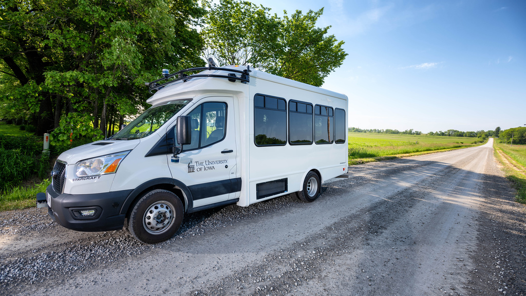 Automated shuttle bus on gravel road